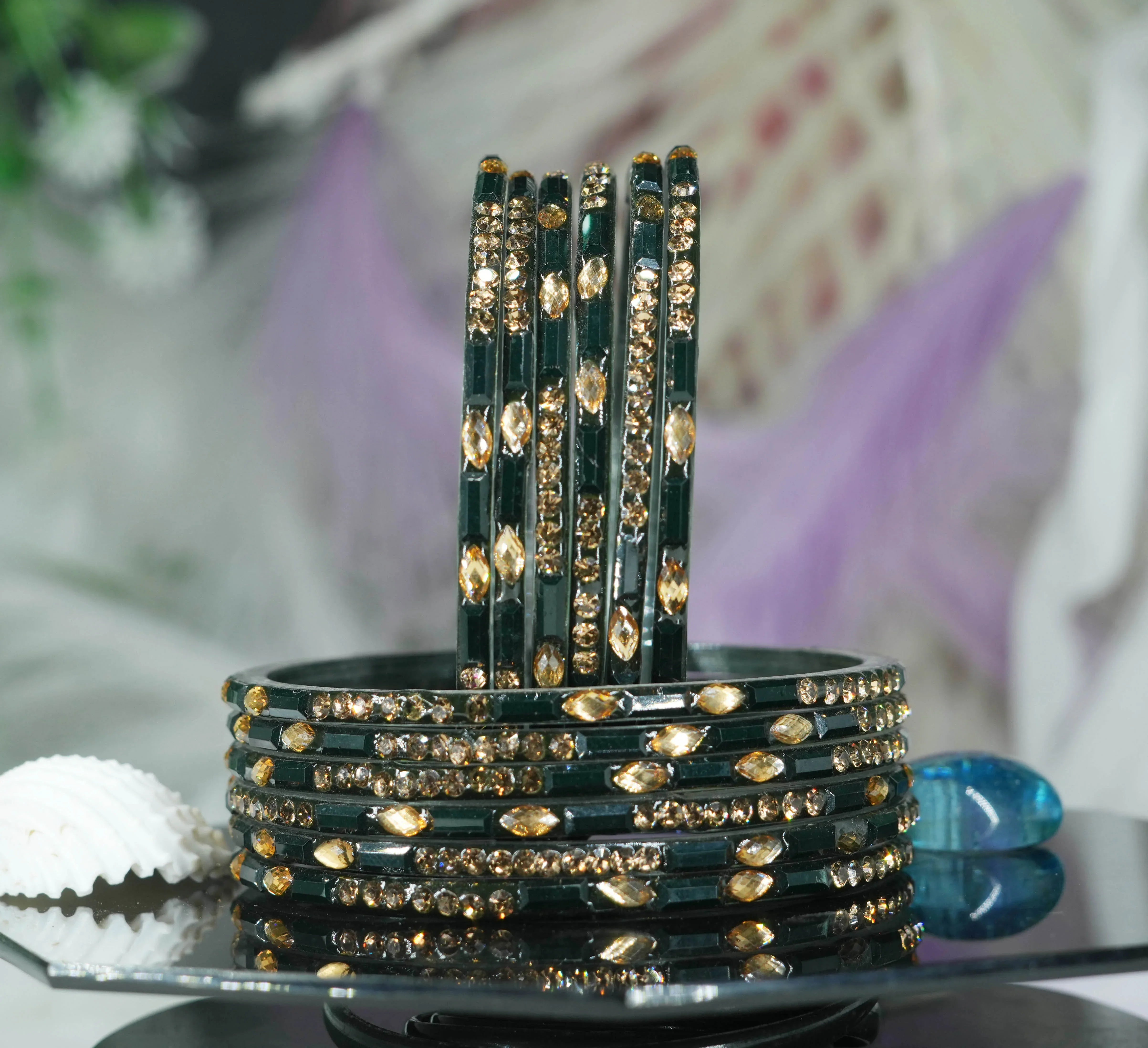 Multiple Color Glass Bangle with Stone Beads Work for Women & Girls (Pack 12 Bangles) - The Golden Cascade